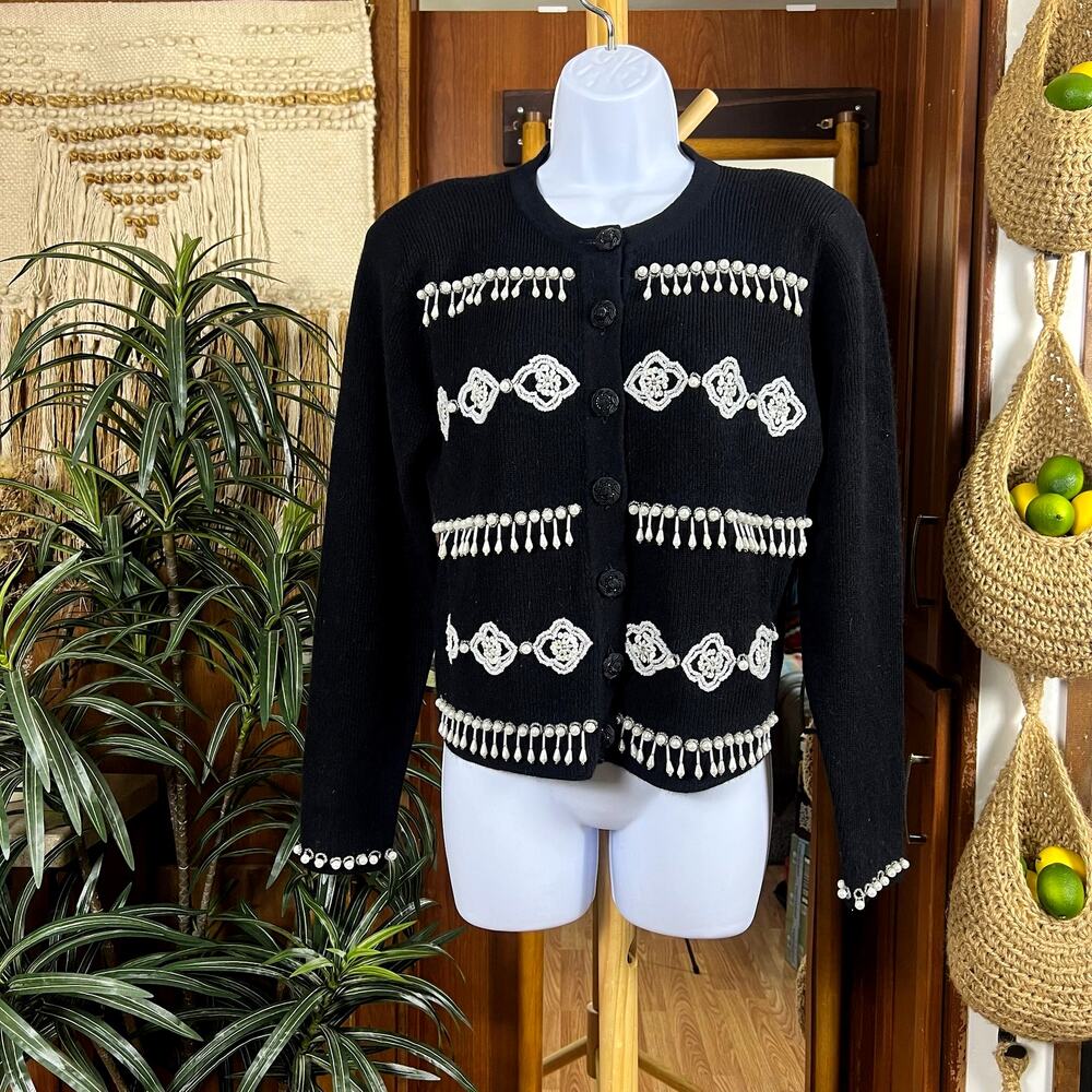 Vintage 80s Marisa Christina Beaded Lambswool Angora Cardigan S Black Hong Kong